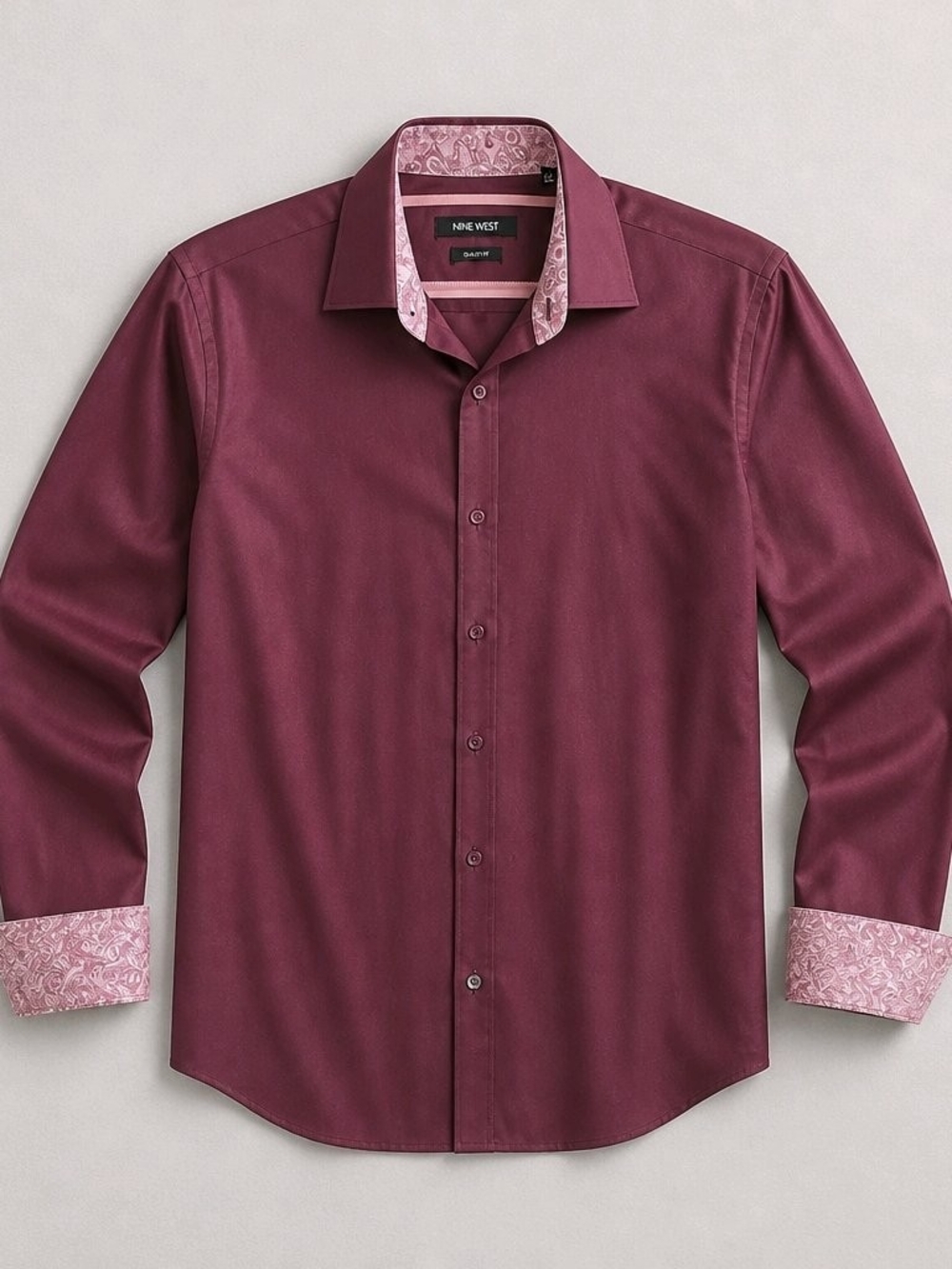 Nine West Men's Maroon Dress Shirt with Pink Paisley Trim